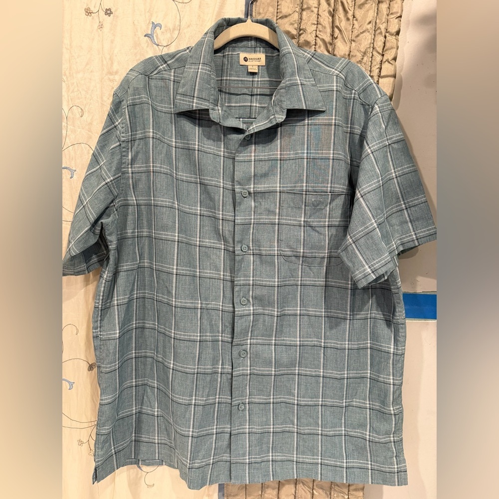 Haggar Teal Plaid Casual Button Down Shirt - Picture 3 of 8